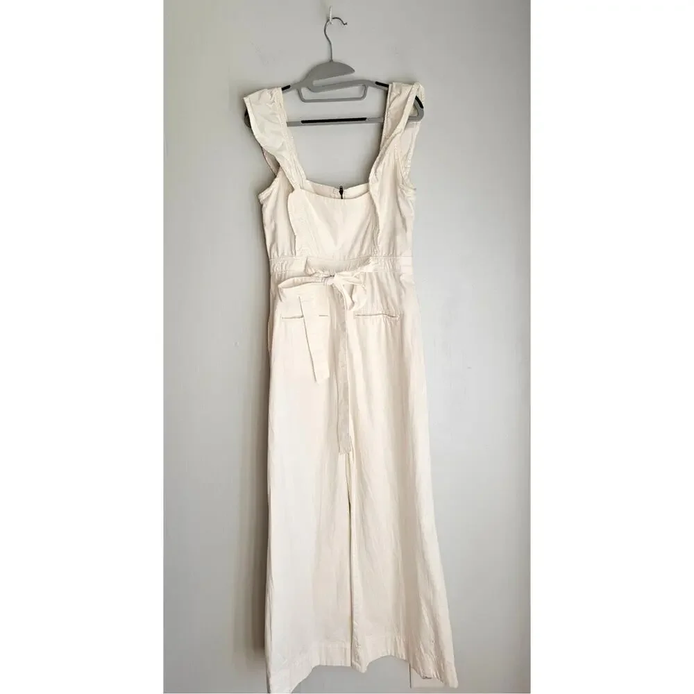 Free People Sun Valley Jumpsuit Overalls Wide Leg Ruffle Strap Ivory Womens Sz 6 - Picture 2 of 8
